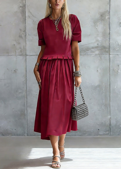 Crew Neck Accordion Pleated Peplum Top Pleated Midi Skirt Set