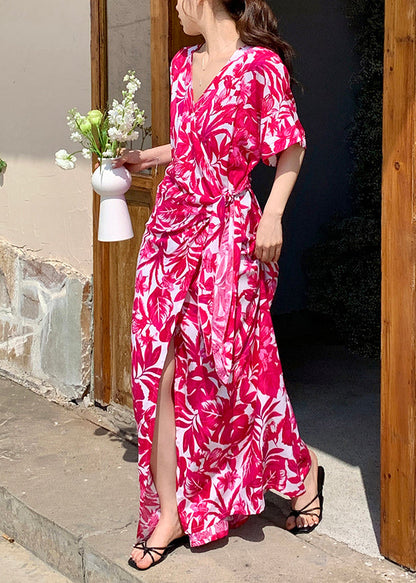 Deep V Wrap Tie Belt Flutter Sleeve Tropical Print Maxi Dress