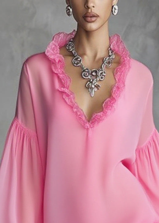 V-Neck Ruffle Trim Balloon Sleeve Tiered Ruffle Hem Chiffon Mini Dress
