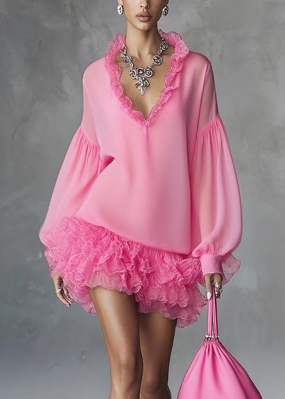 V-Neck Ruffle Trim Balloon Sleeve Tiered Ruffle Hem Chiffon Mini Dress