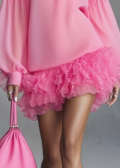 V-Neck Ruffle Trim Balloon Sleeve Tiered Ruffle Hem Chiffon Mini Dress