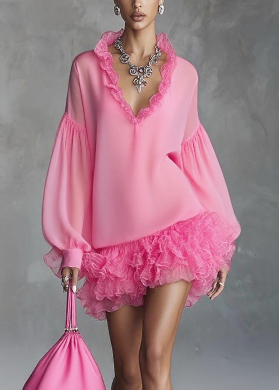 V-Neck Ruffle Trim Balloon Sleeve Tiered Ruffle Hem Chiffon Mini Dress