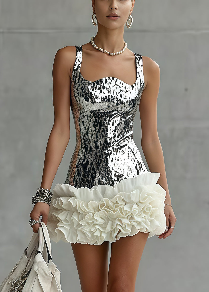 Sleeveless Metallic Feline Spot Jacquard Ruffle Tier Mini Dress