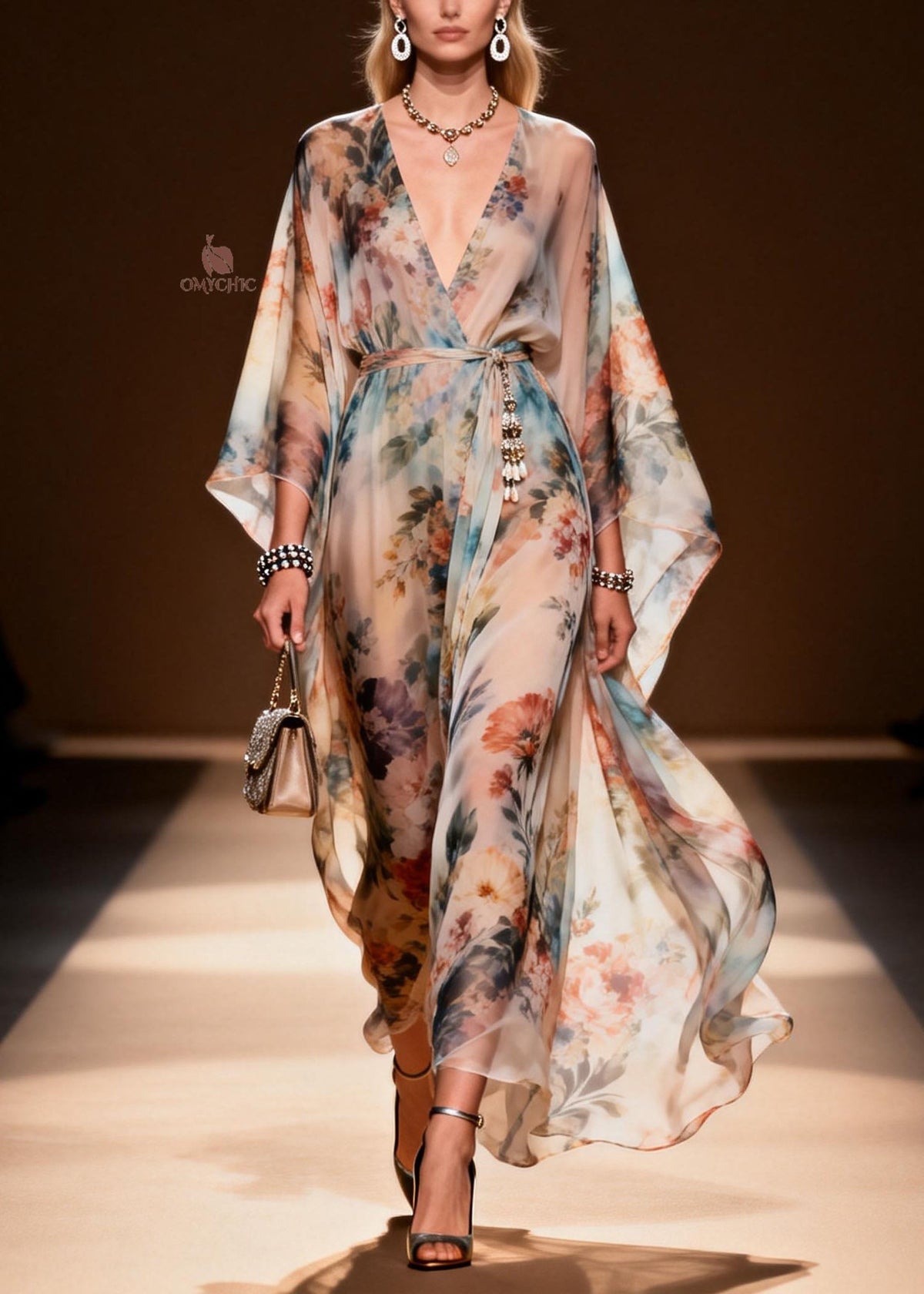 Sheer Floral Print Kimono Sleeve Tassel Tie Belt Maxi Gown