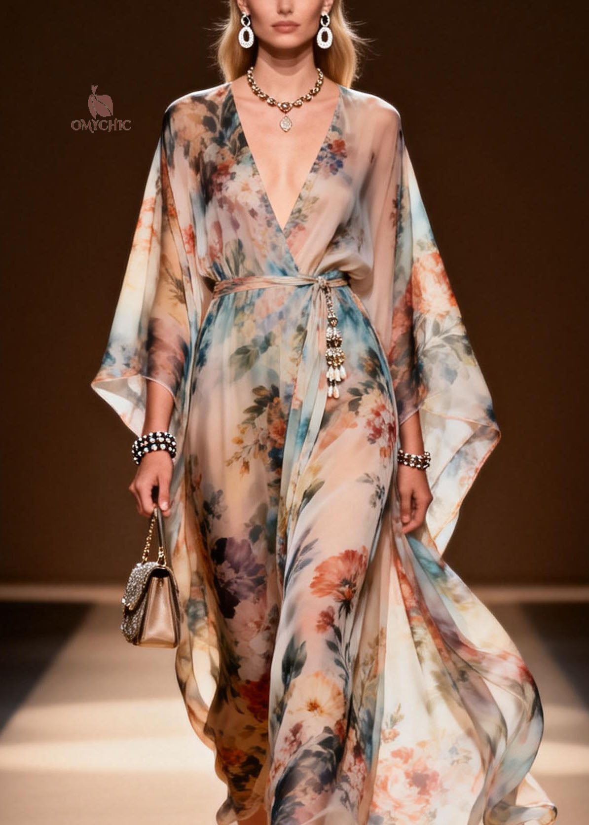 Sheer Floral Print Kimono Sleeve Tassel Tie Belt Maxi Gown