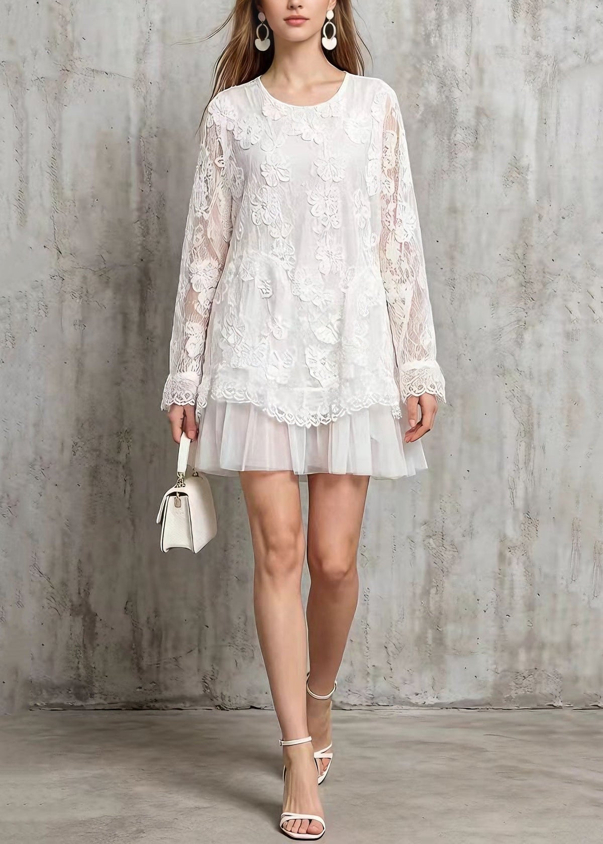 Crew Neck Floral Lace Applique Tiered Tulle Ruffle Hem Mini Dress