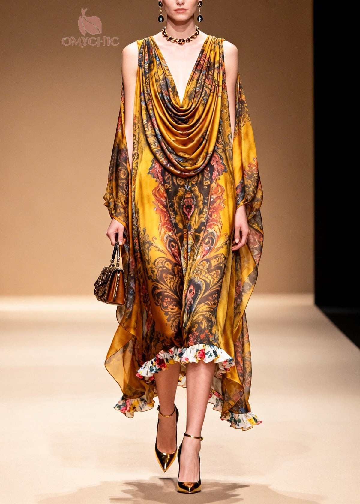 Cowl Neck Cape Sleeve Baroque Print Contrast Floral Ruffle Hem Gown