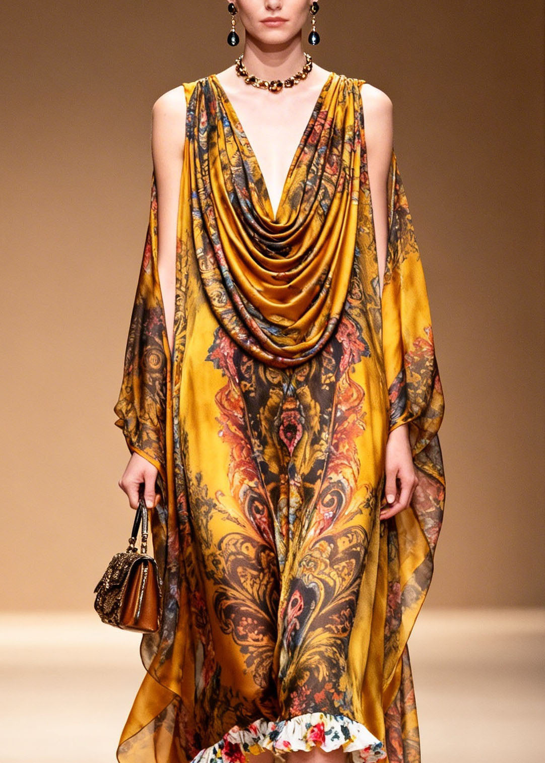 Cowl Neck Cape Sleeve Baroque Print Contrast Floral Ruffle Hem Gown