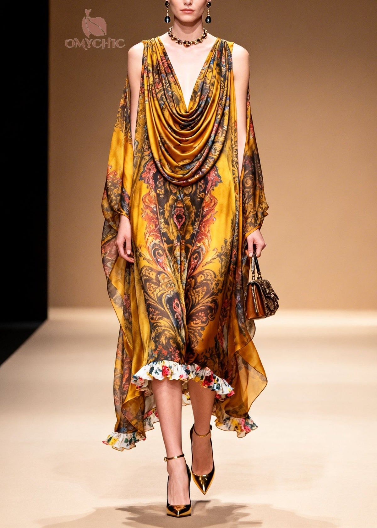 Cowl Neck Cape Sleeve Baroque Print Contrast Floral Ruffle Hem Gown