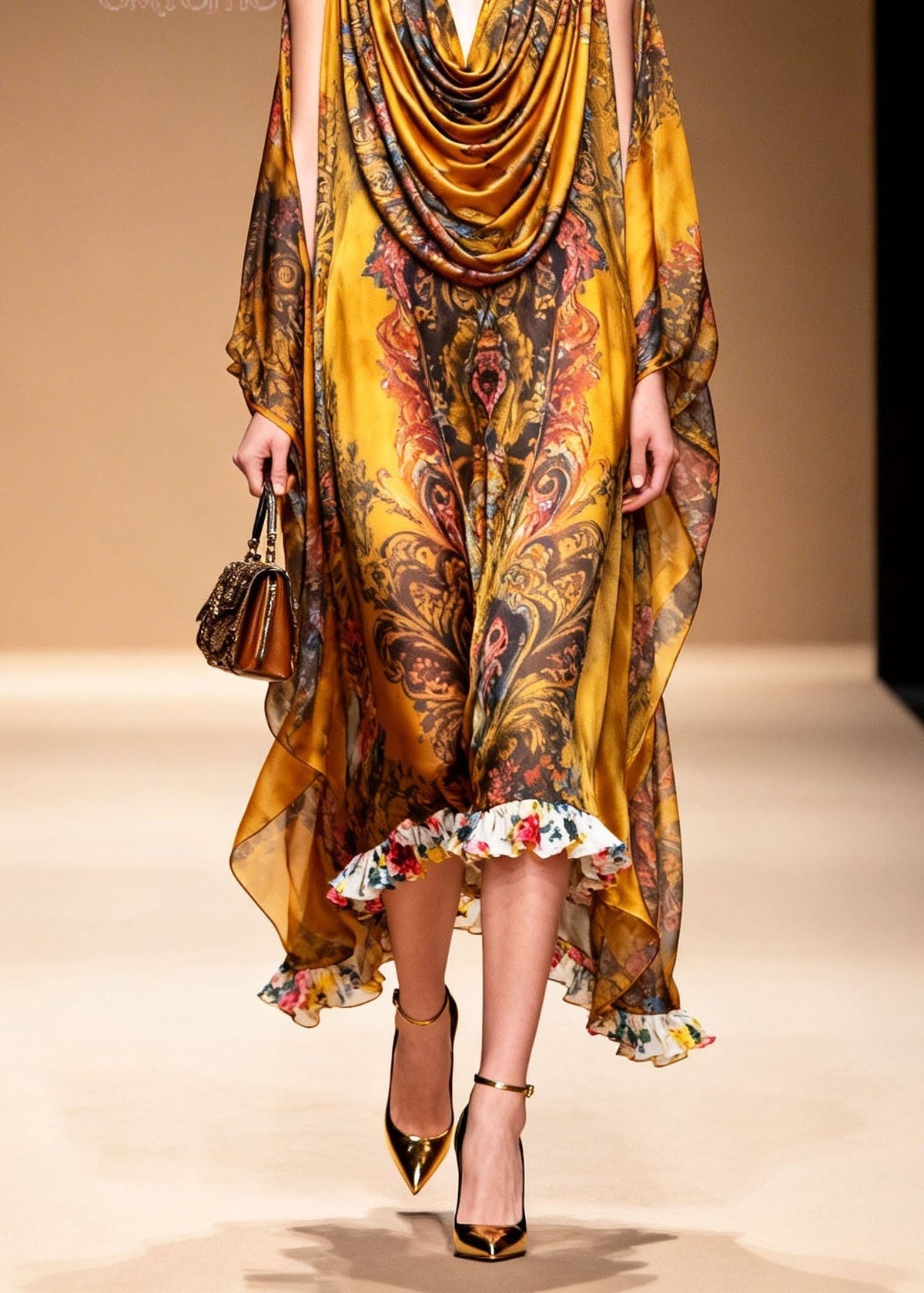 Cowl Neck Cape Sleeve Baroque Print Contrast Floral Ruffle Hem Gown