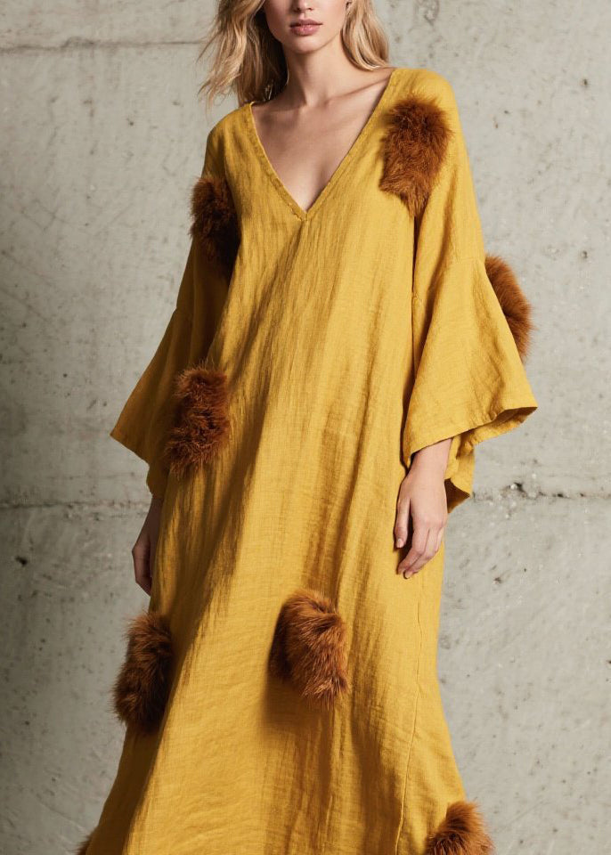 Deep V-Neck Bell Sleeve Faux Fur Pom-Pom Crinkled Gauze Maxi Dress