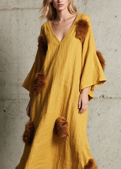 Deep V-Neck Bell Sleeve Faux Fur Pom-Pom Crinkled Gauze Maxi Dress