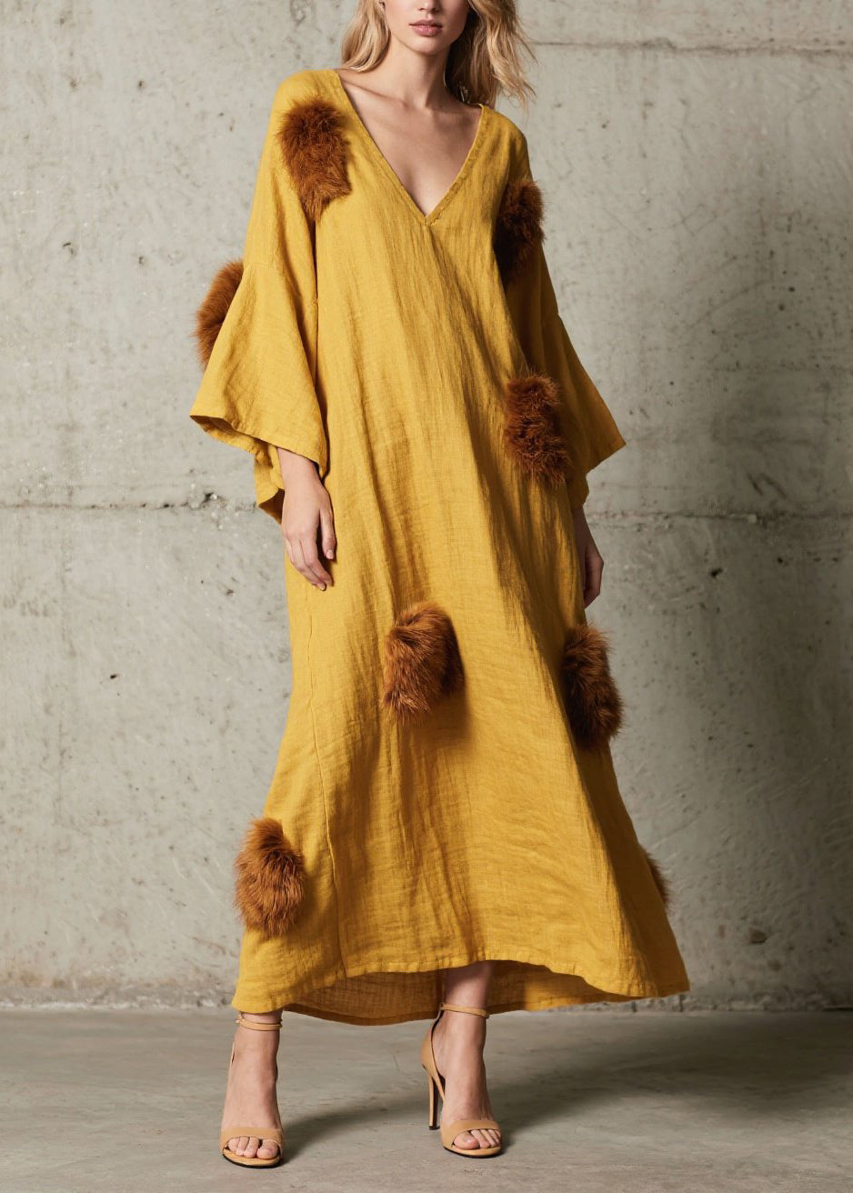 Deep V-Neck Bell Sleeve Faux Fur Pom-Pom Crinkled Gauze Maxi Dress