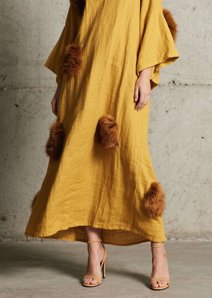 Deep V-Neck Bell Sleeve Faux Fur Pom-Pom Crinkled Gauze Maxi Dress