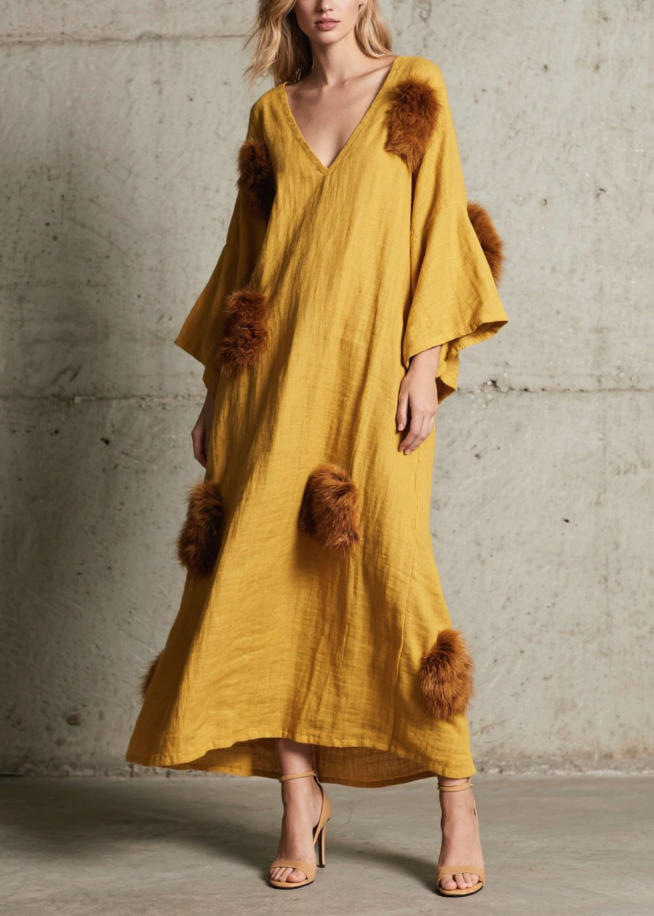Deep V-Neck Bell Sleeve Faux Fur Pom-Pom Crinkled Gauze Maxi Dress