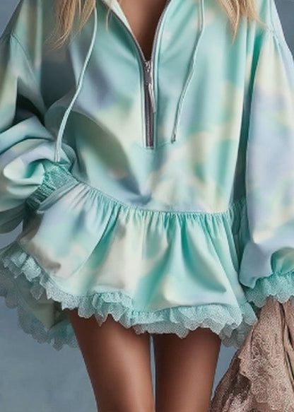 Tie-Dye Quarter Zip Hooded Lantern Sleeve Ruffle Lace Trim Mini Sweatshirt Dress