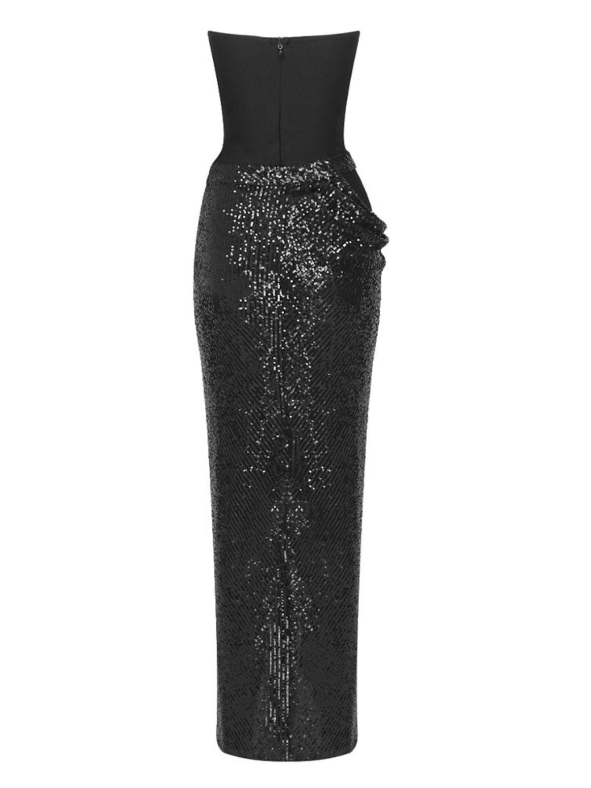Strapless Sweetheart Sequin Waistband High Slit Maxi Gown