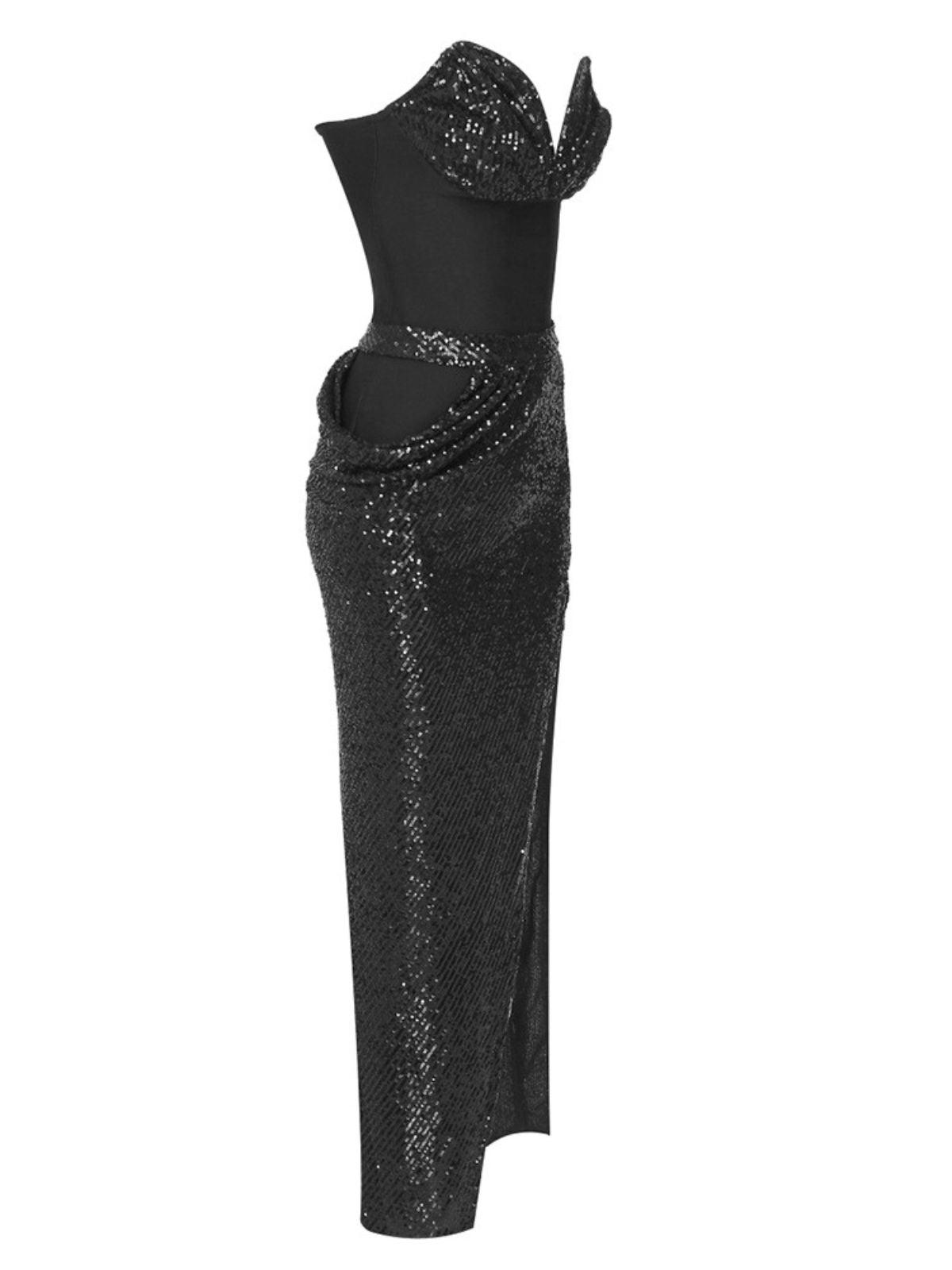 Strapless Sweetheart Sequin Waistband High Slit Maxi Gown