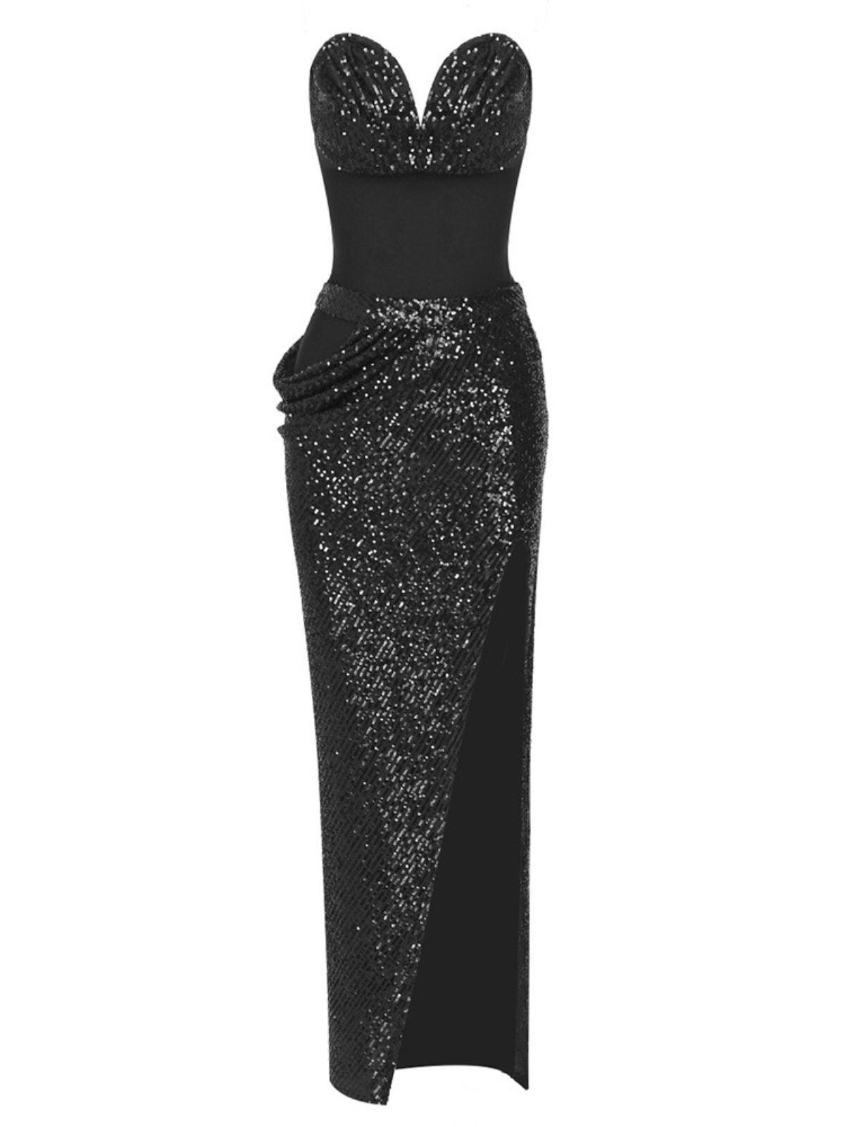 Strapless Sweetheart Sequin Waistband High Slit Maxi Gown