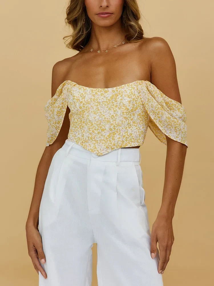 Floral Scooped Neck Off-Shoulder Zipper Back Fitted Crop Top