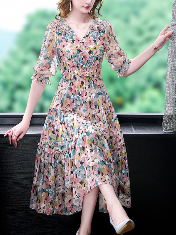 V-Neck Ruffle Trim Puff Sleeve Smocked Waist Tiered Floral Midi Dress