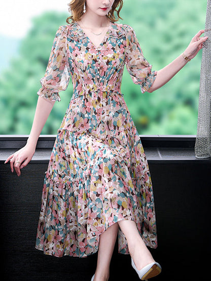 V-Neck Ruffle Trim Puff Sleeve Smocked Waist Tiered Floral Midi Dress