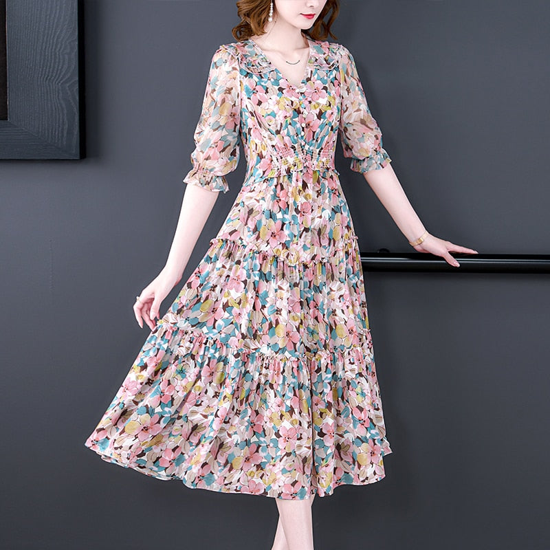 V-Neck Ruffle Trim Puff Sleeve Smocked Waist Tiered Floral Midi Dress