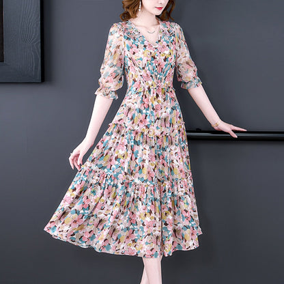 V-Neck Ruffle Trim Puff Sleeve Smocked Waist Tiered Floral Midi Dress