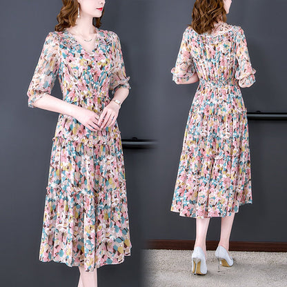 V-Neck Ruffle Trim Puff Sleeve Smocked Waist Tiered Floral Midi Dress
