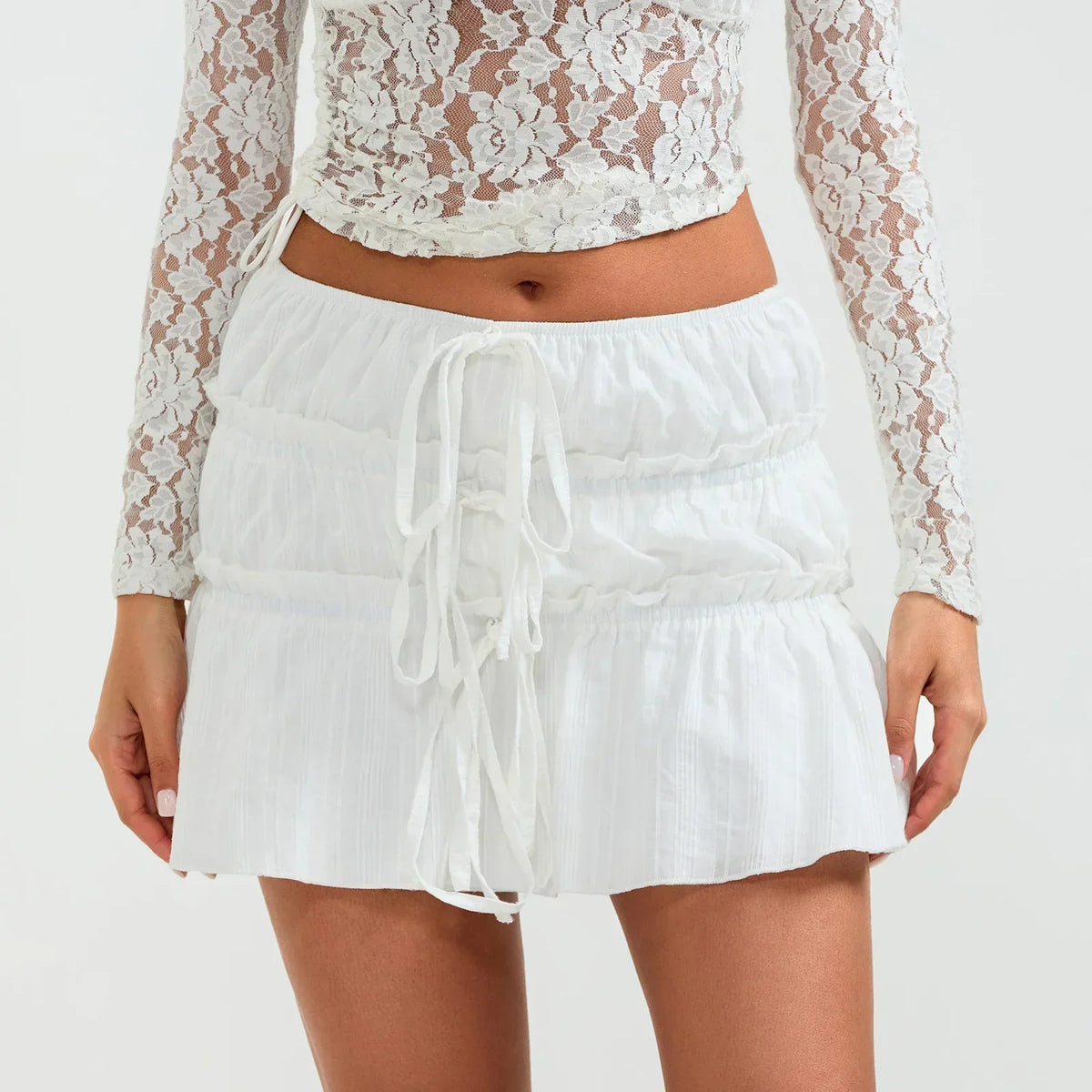 Tie-Up Front Ruched Mini Skirt