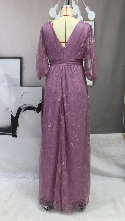 Deep V-Neck Puff Sleeve Waistband High Slit Sheer Overlay Maxi Gown