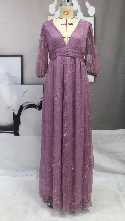 Deep V-Neck Puff Sleeve Waistband High Slit Sheer Overlay Maxi Gown