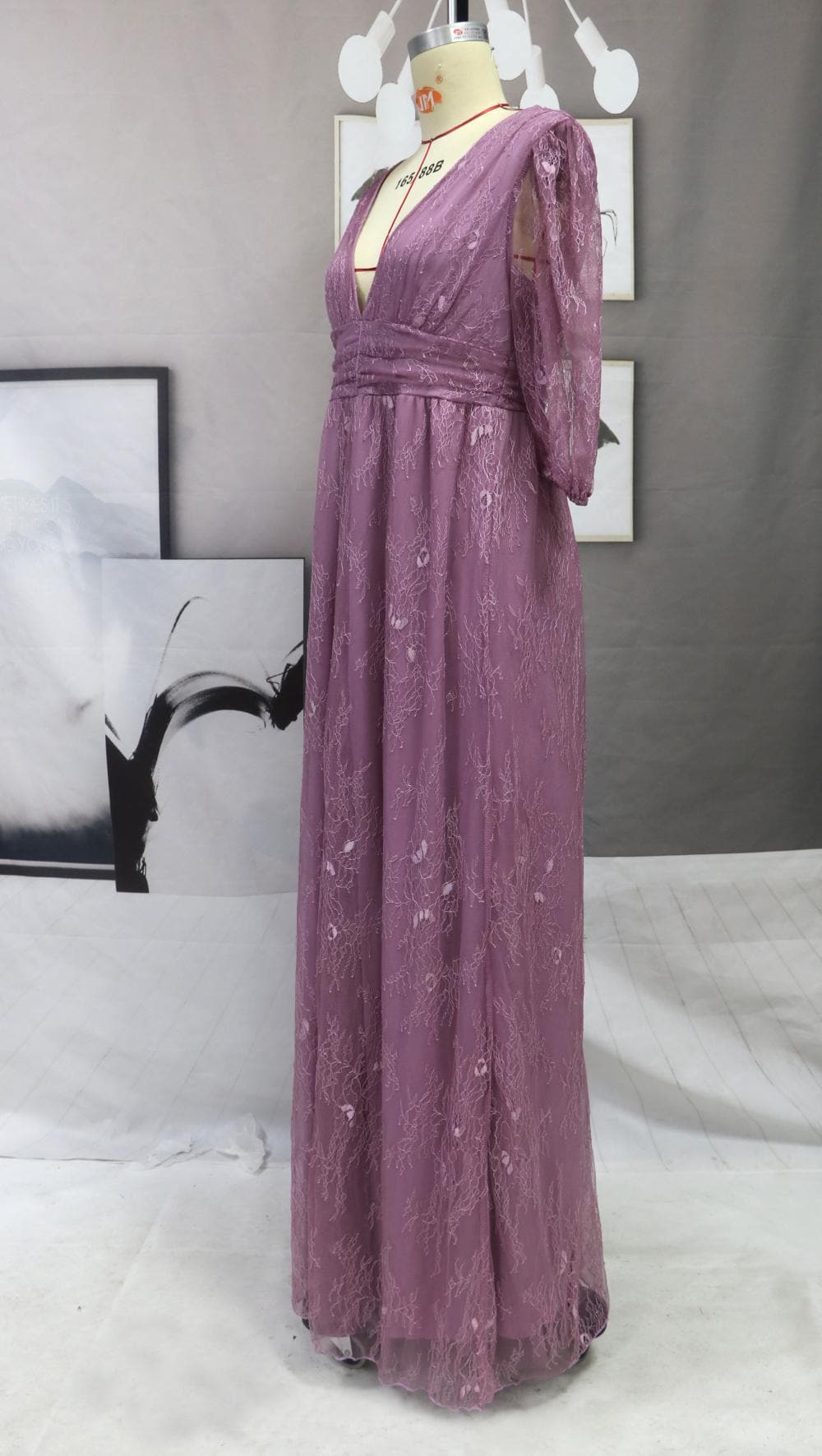 Deep V-Neck Puff Sleeve Waistband High Slit Sheer Overlay Maxi Gown