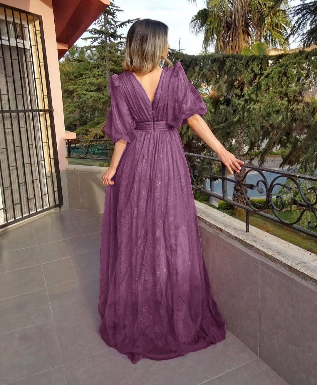 Deep V-Neck Puff Sleeve Waistband High Slit Sheer Overlay Maxi Gown