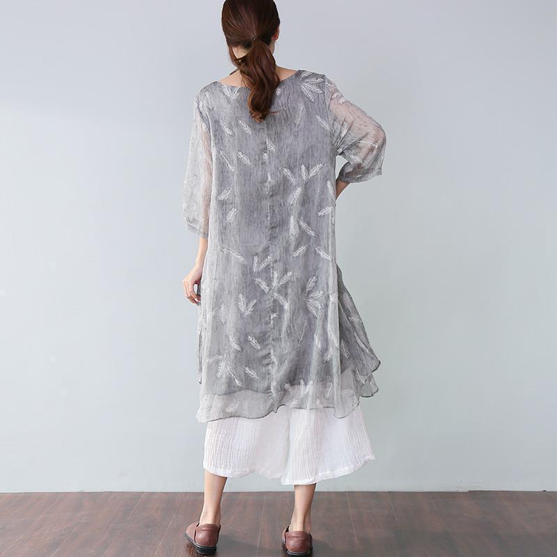 Round Neck Three Quarter Sleeve Feather Print Gauze Tunic Dress