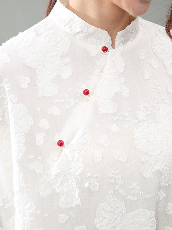Mandarin Collar Floral Jacquard Three Quarter Sleeve Babydoll Maxi Dress