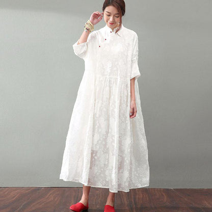 Mandarin Collar Floral Jacquard Three Quarter Sleeve Babydoll Maxi Dress