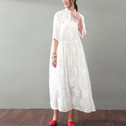 Mandarin Collar Floral Jacquard Three Quarter Sleeve Babydoll Maxi Dress