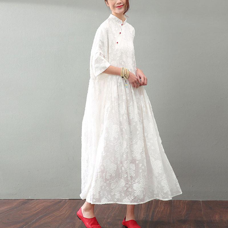 Mandarin Collar Floral Jacquard Three Quarter Sleeve Babydoll Maxi Dress