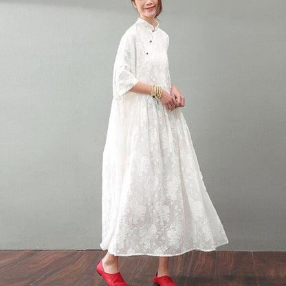 Mandarin Collar Floral Jacquard Three Quarter Sleeve Babydoll Maxi Dress