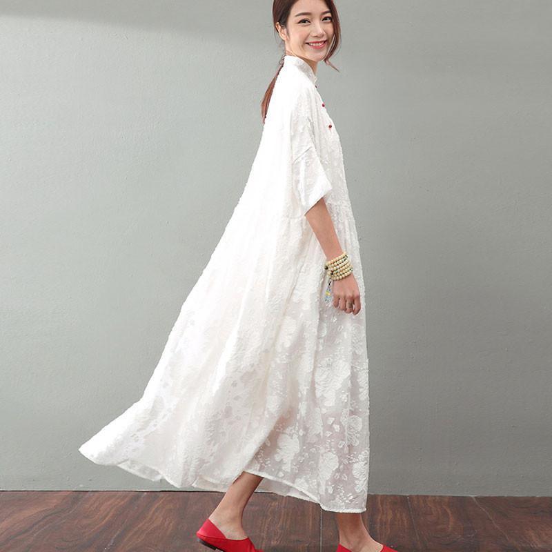 Mandarin Collar Floral Jacquard Three Quarter Sleeve Babydoll Maxi Dress