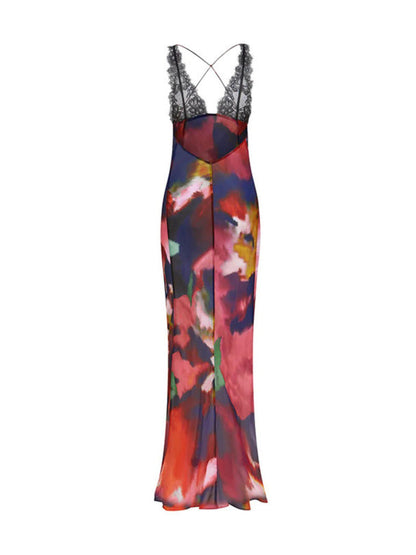 Plunging V Neck Floral Lace Bodice Sheer Print High Slit Maxi Dress