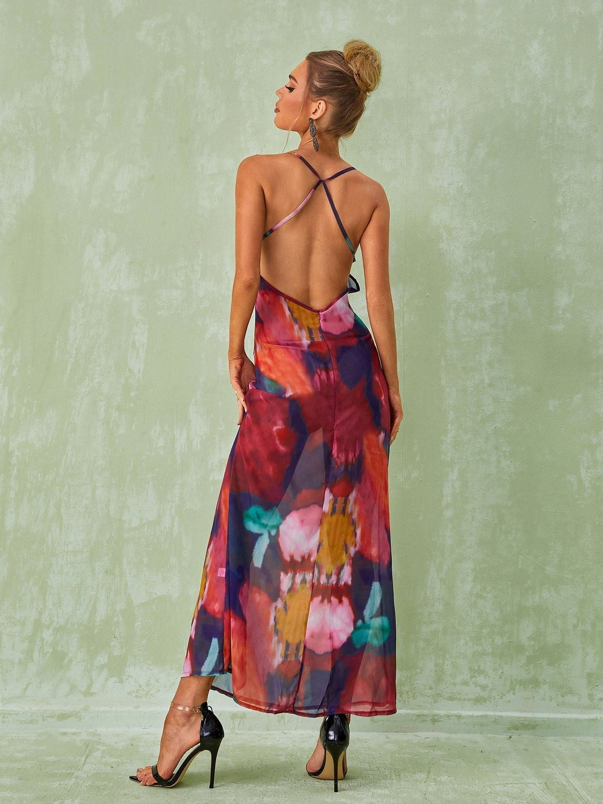 Plunging V Neck Floral Lace Bodice Sheer Print High Slit Maxi Dress