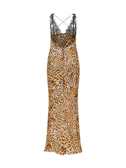 Lace V Neck Print Column Maxi Dress