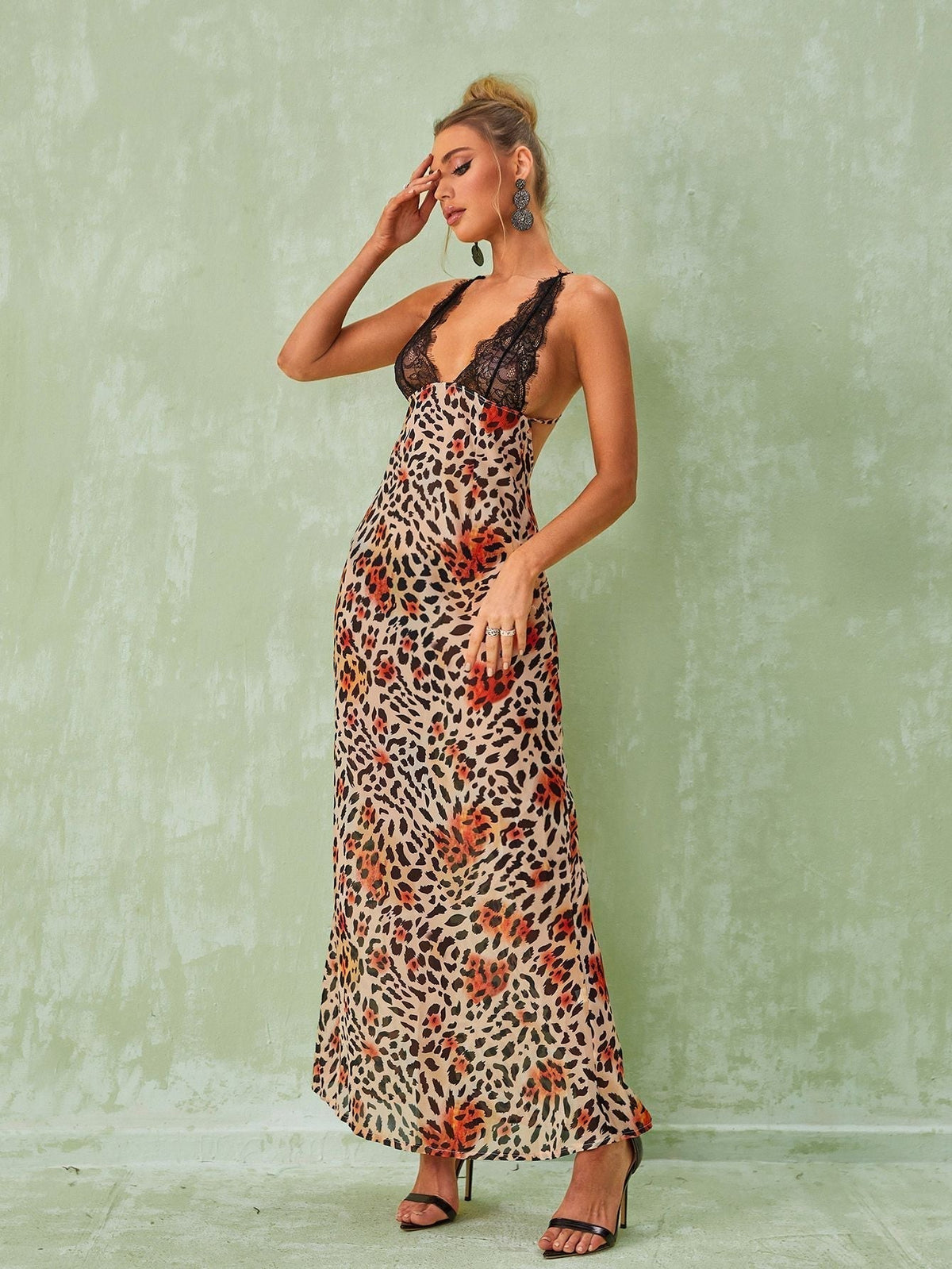 Lace V Neck Print Column Maxi Dress