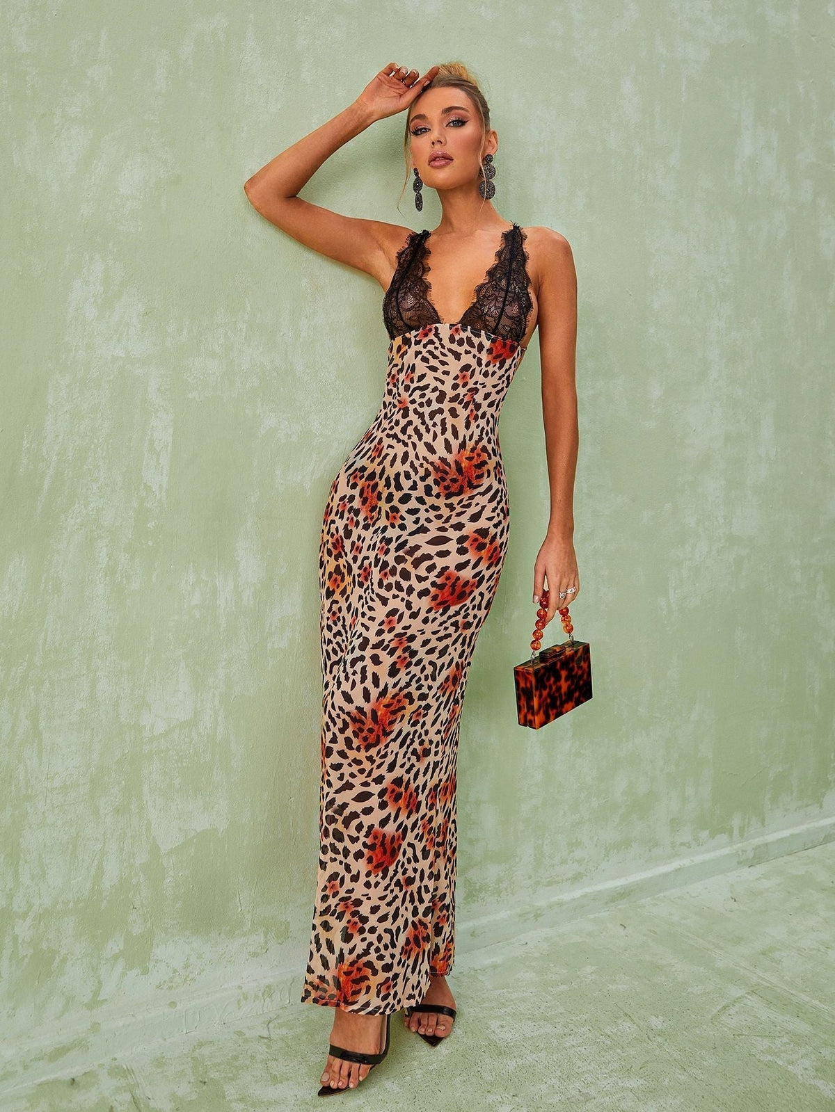 Lace V Neck Print Column Maxi Dress