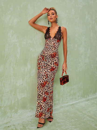 Lace V Neck Print Column Maxi Dress