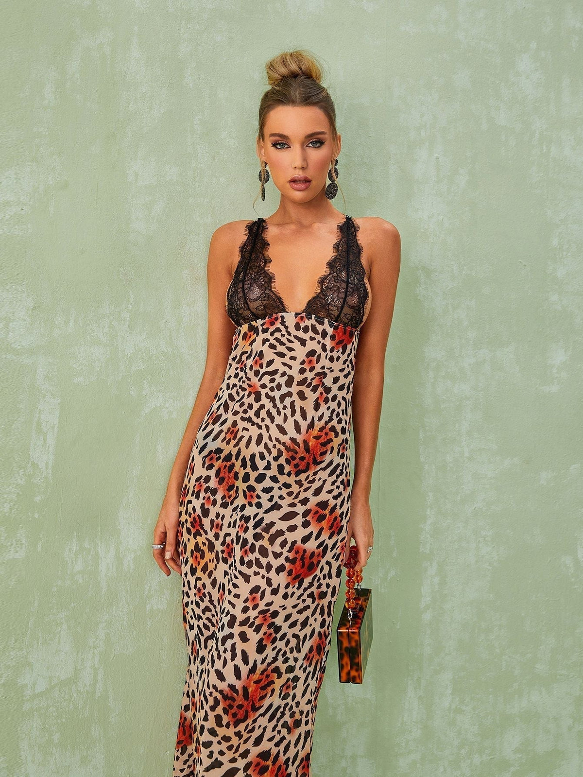 Lace V Neck Print Column Maxi Dress
