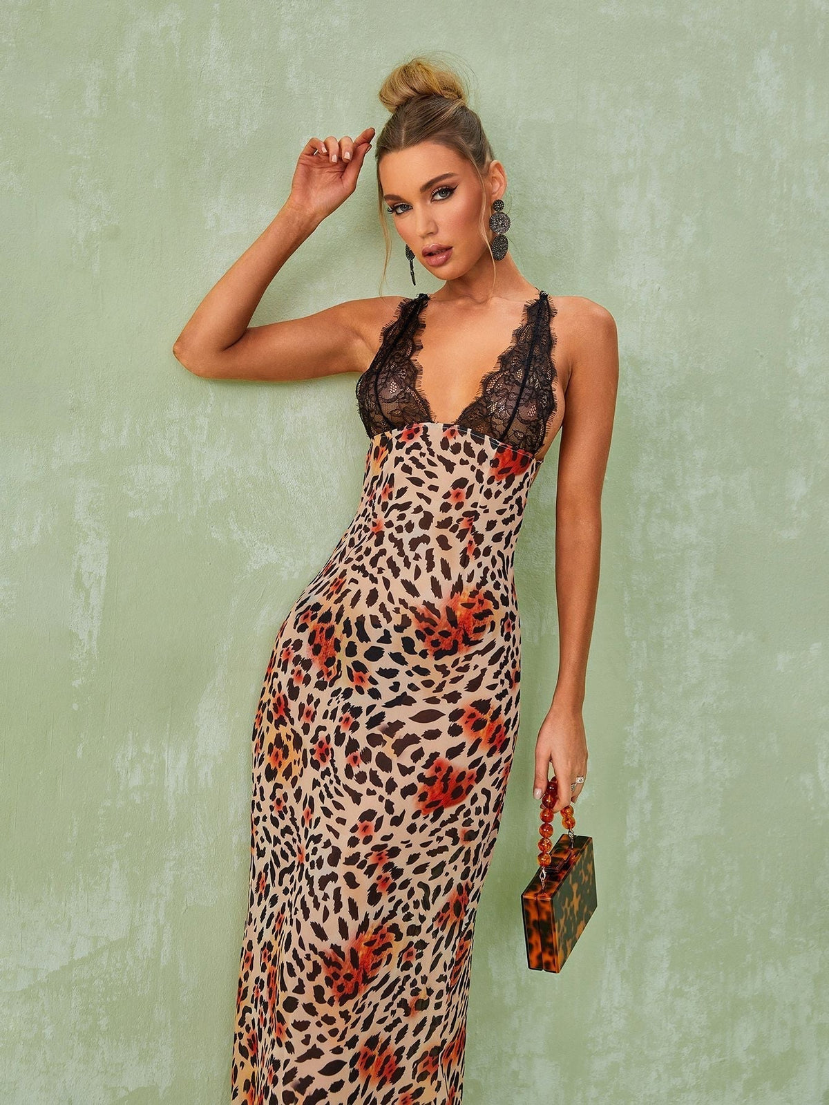 Lace V Neck Print Column Maxi Dress