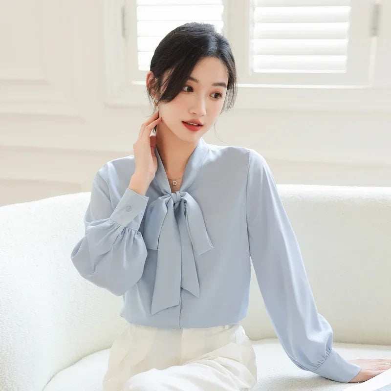 Bow Champagne Satin Long Sleeve Office Lady Blouse